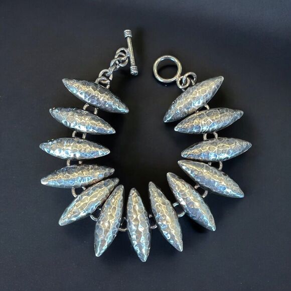 Mexican Sterling Silver 925 Hammered Marquise Shape Panel Bracelet 7.5” - 36g
